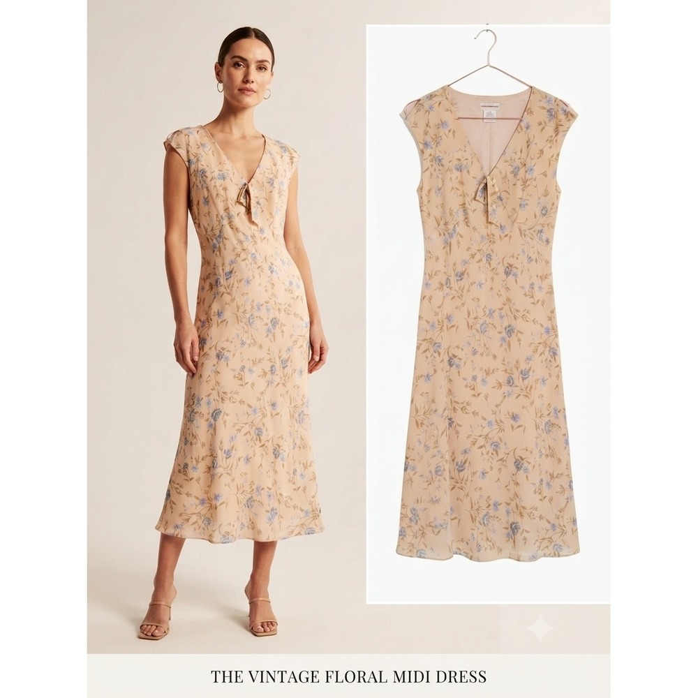 Expressions Midi Dress Women 14 Peach Vintage Floral V-Neck Tie Front Cap Sleeve